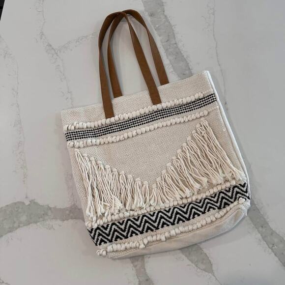 Sonoma Macrame Tote Bag Boho Chic Summer Purse Off White Canvas Shoulder Bag - Picture 1 of 10